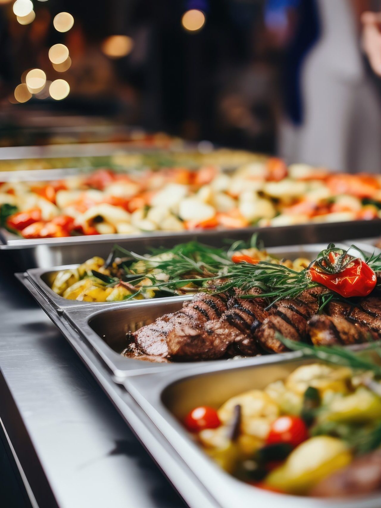 Catering buffet food indoor in restaurant with grilled meat.